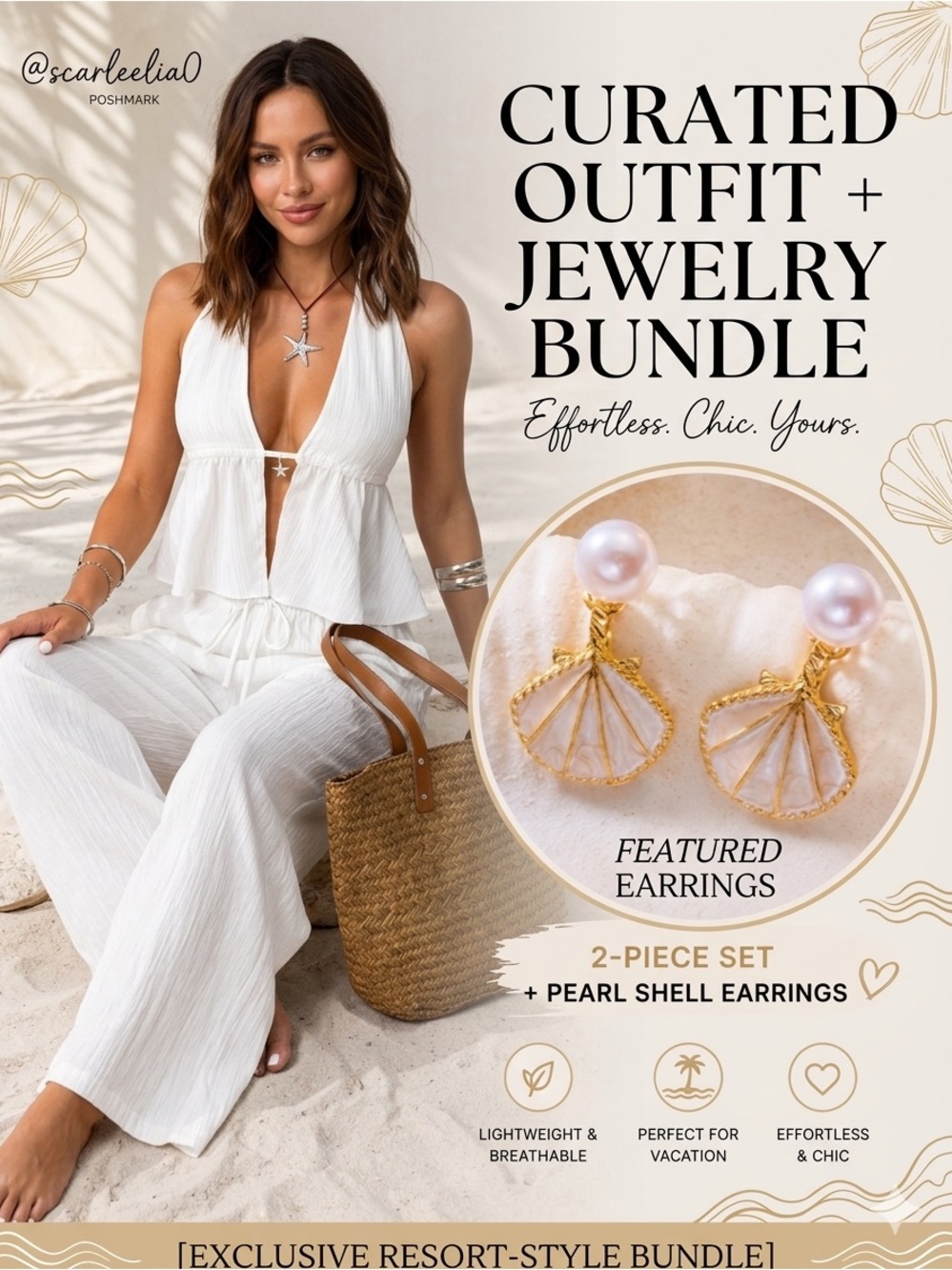 Women’s White Wide-Leg Resort Jumpsuit Set with Pearl Shell Earrings